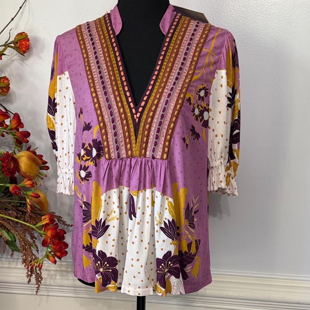 NWT Anthropologie Blank Purple White Floral Peasant V Neck Blouse PS